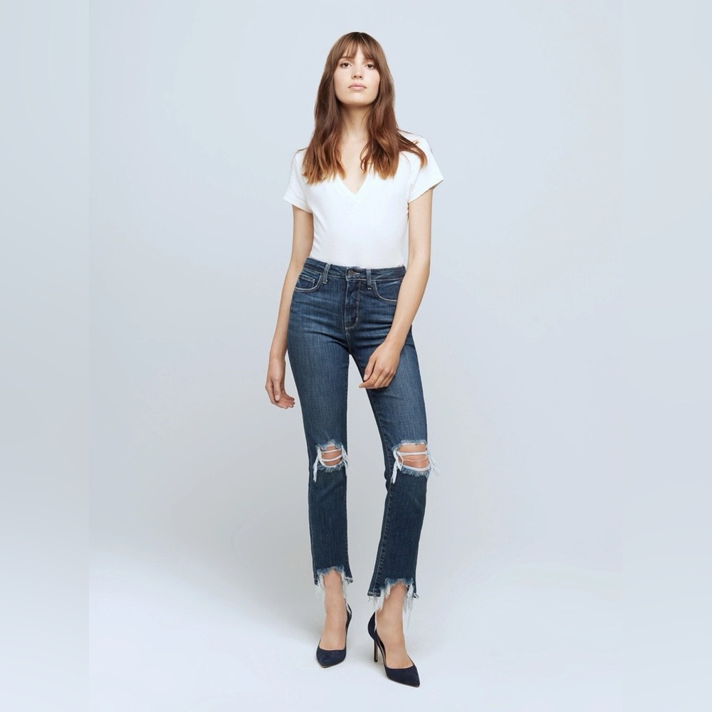 NEW $299~L’AGENCE~High Line Distressed Dark Wash High Rise Skinny Crop Jeans~32